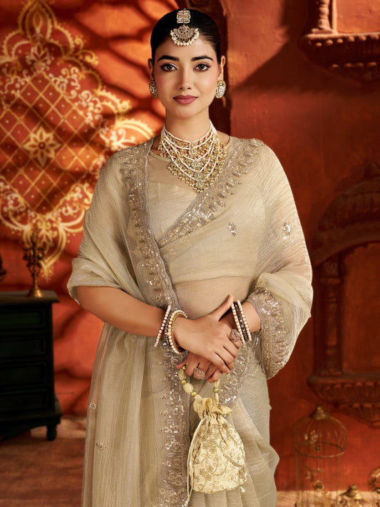 Pearl Gold Soft Tissue Silk Saree with Heavy Handcrafted Beadwork