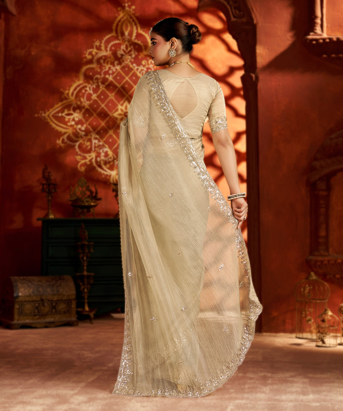 pearl gold soft tissue silk saree with heavy handcrafted beadwork