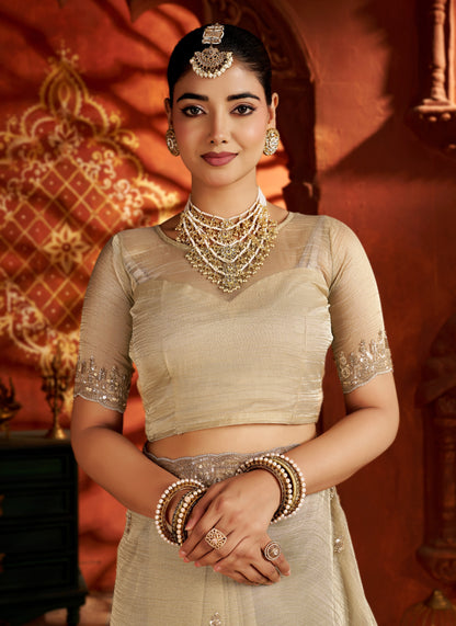 Pearl Gold Soft Tissue Silk Saree with Heavy Handcrafted Beadwork