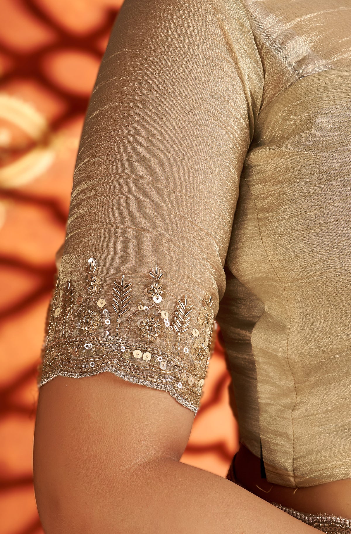 Pearl Gold Soft Tissue Silk Saree with Heavy Handcrafted Beadwork