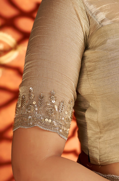 Pearl Gold Soft Tissue Silk Saree with Heavy Handcrafted Beadwork