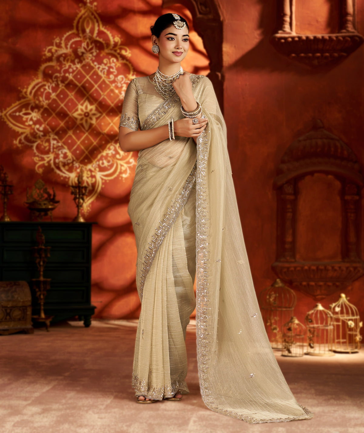 Pearl Gold Soft Tissue Silk Saree with Heavy Handcrafted Beadwork