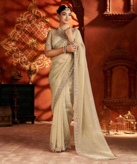 Pearl Gold Soft Tissue Silk Saree with Heavy Handcrafted Beadwork
