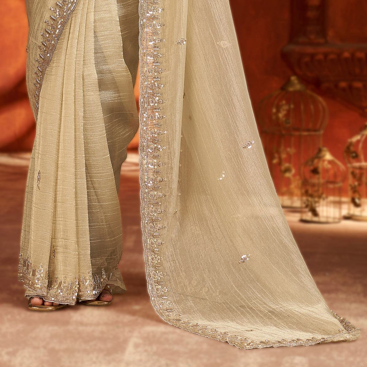 Pearl Gold Soft Tissue Silk Saree with Heavy Handcrafted Beadwork
