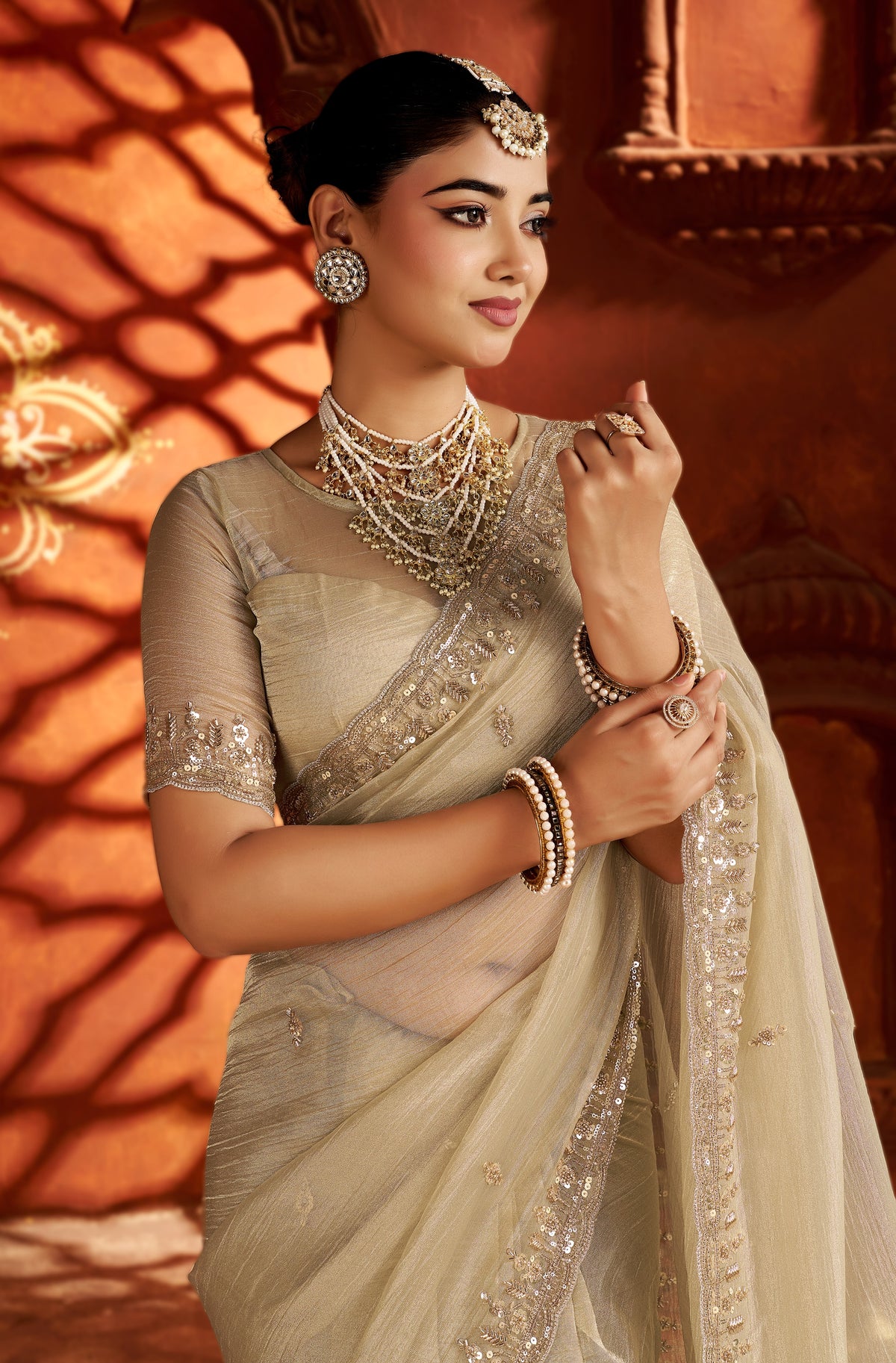 Pearl Gold Soft Tissue Silk Saree with Heavy Handcrafted Beadwork