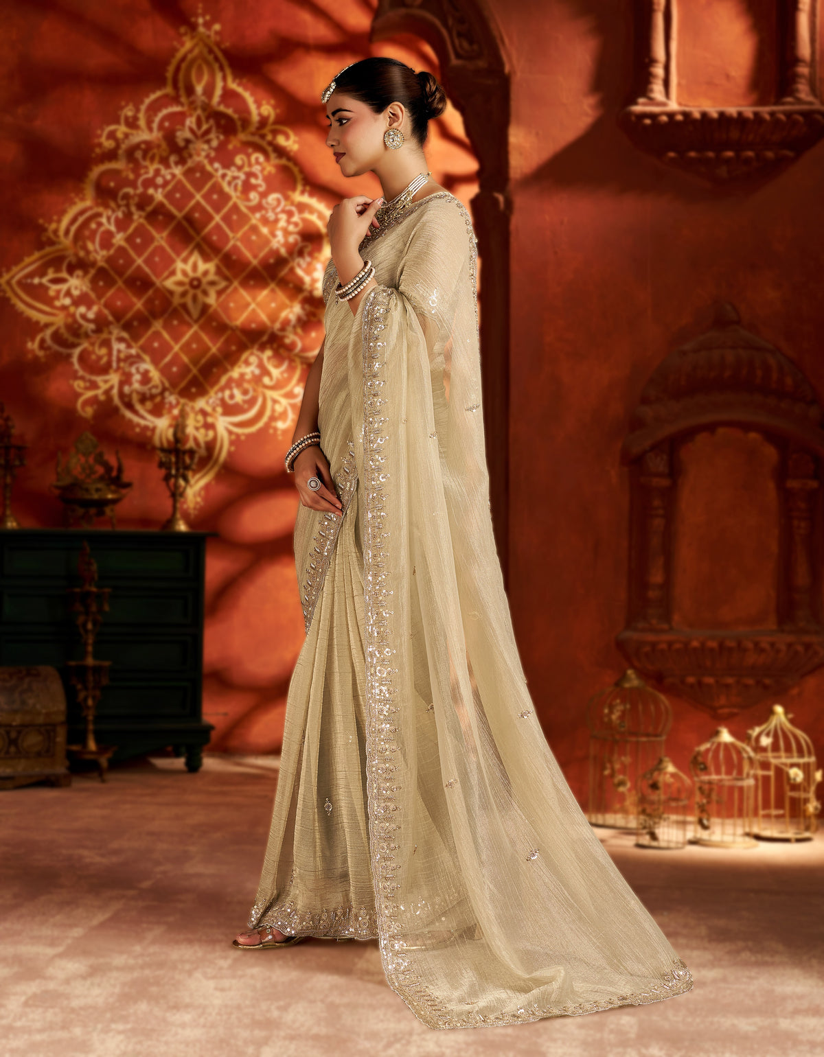 pearl gold soft tissue silk saree with heavy handcrafted beadwork