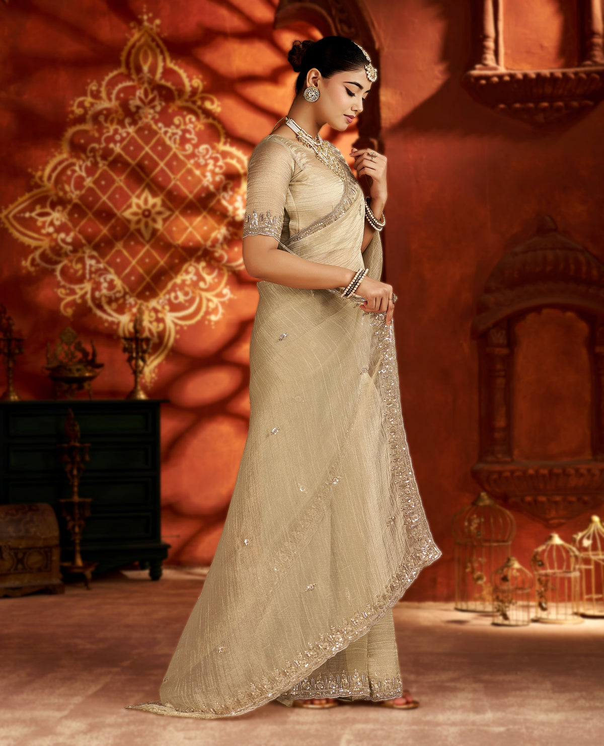Pearl Gold Soft Tissue Silk Saree with Heavy Handcrafted Beadwork