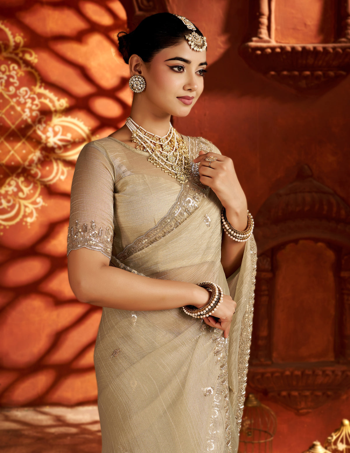 Pearl Gold Soft Tissue Silk Saree with Heavy Handcrafted Beadwork