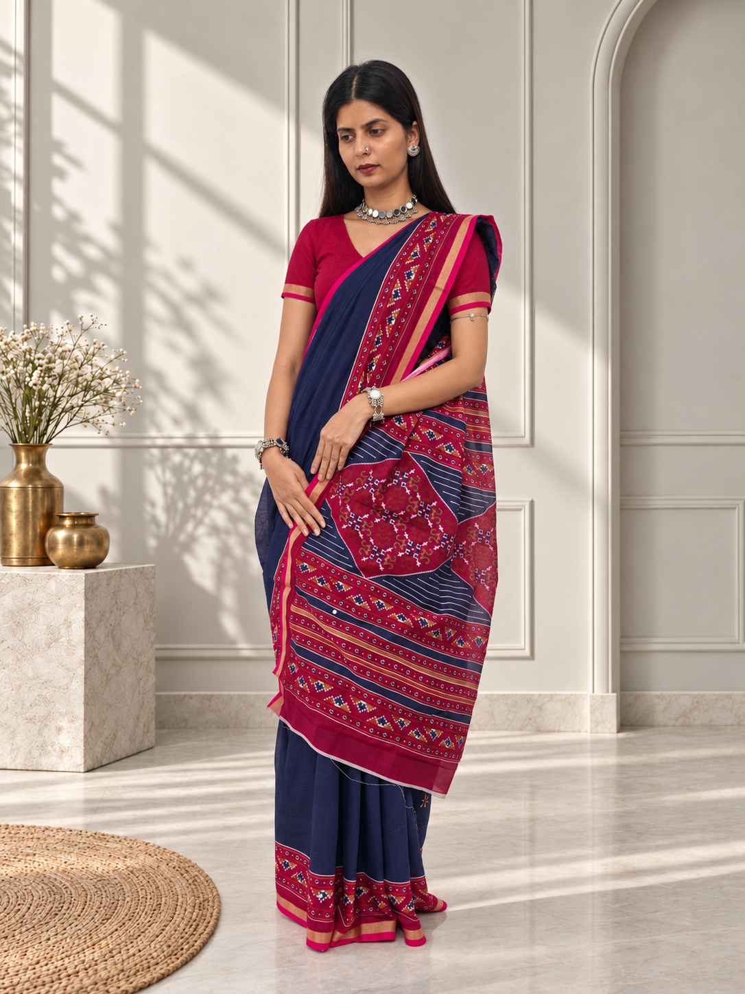 navy blue red kasuthi hand embroidered ilkal handwoven cotton saree