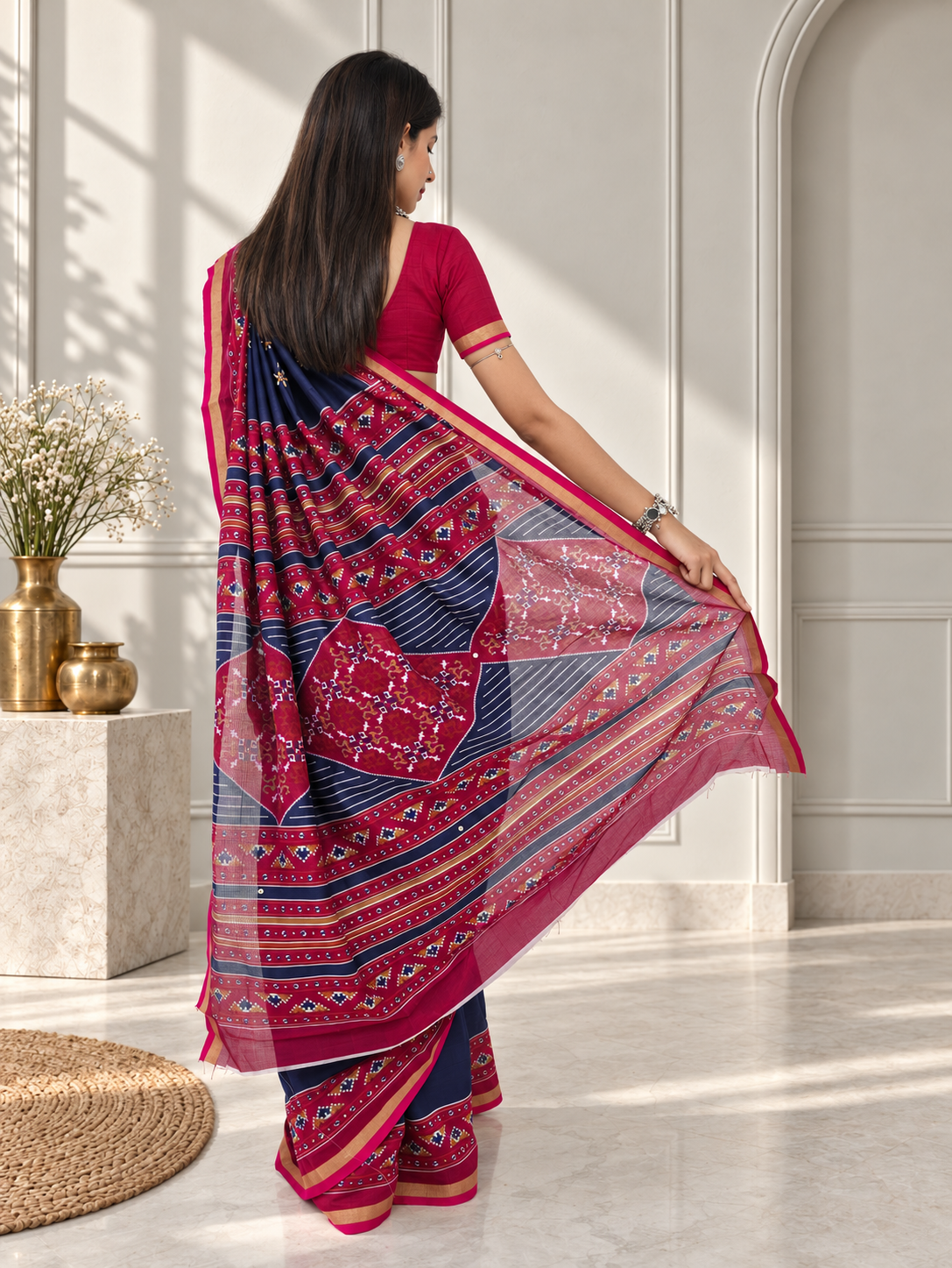 Navy Blue Red Kasuthi Hand Embroidered Ilkal Handwoven Cotton Saree