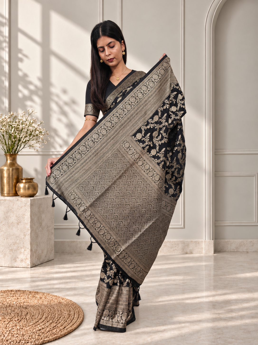 Black Pure Katan Silk Banarasi Handloom Saree