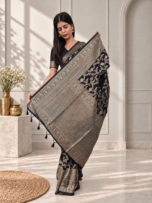 Black Pure Katan Silk Banarasi Handloom Saree