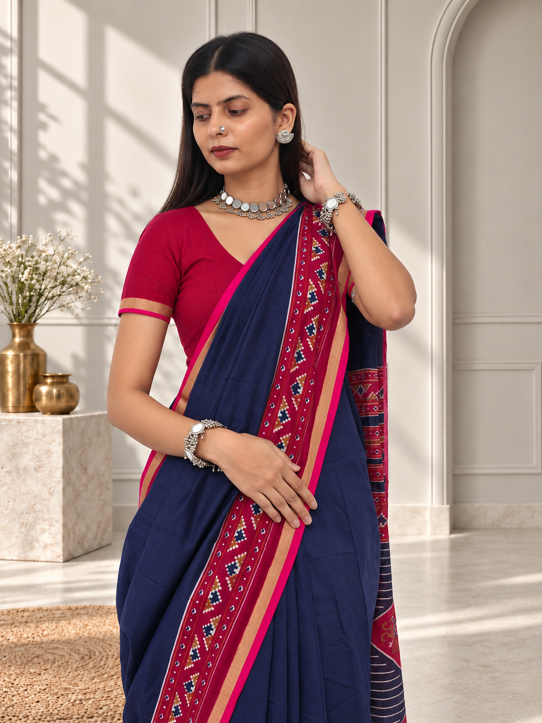 navy blue red kasuthi hand embroidered ilkal handwoven cotton saree