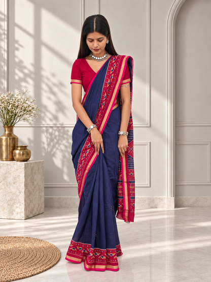 Navy Blue Red Kasuthi Hand Embroidered Ilkal Handwoven Cotton Saree