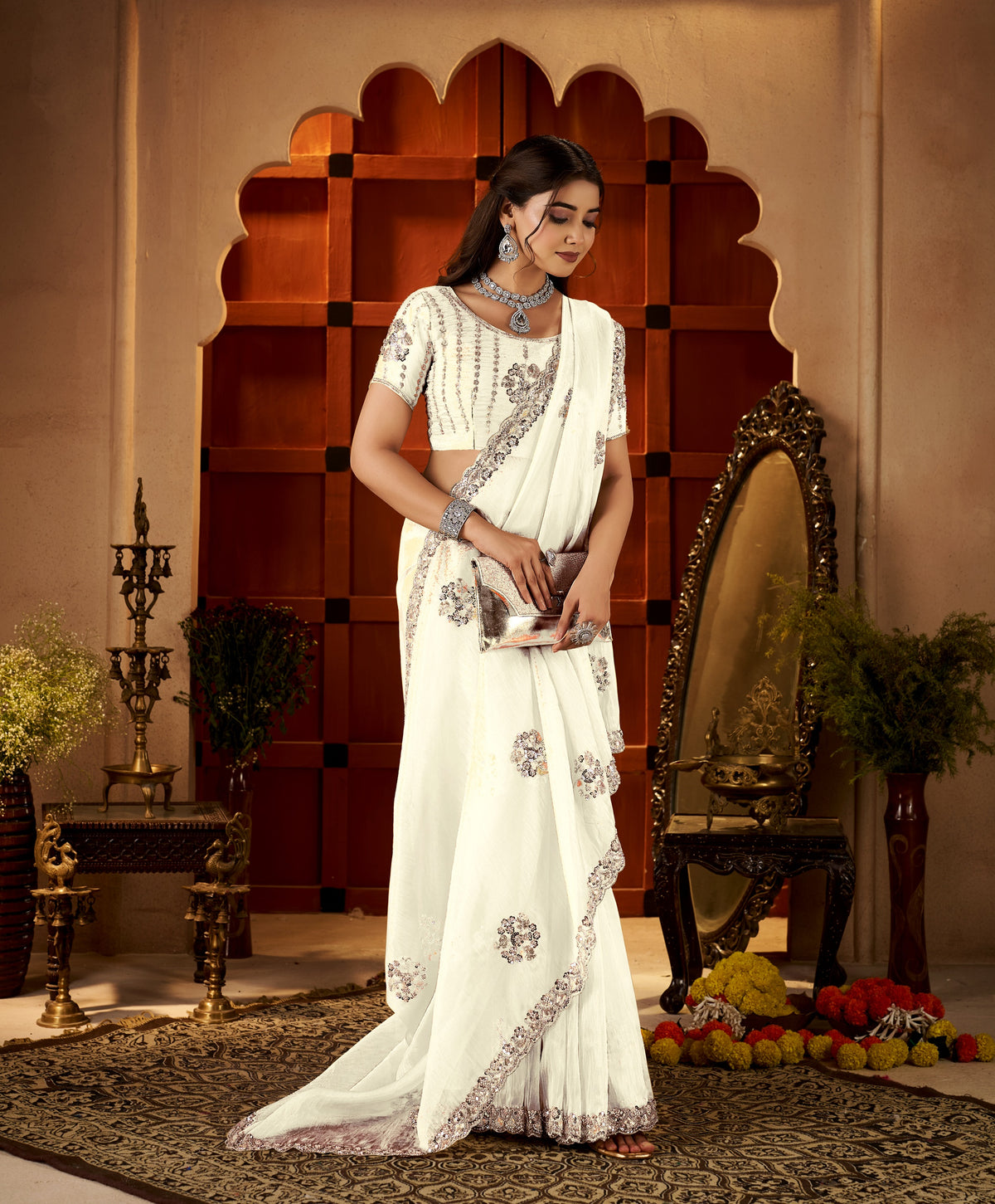 ivory white floral motif saree