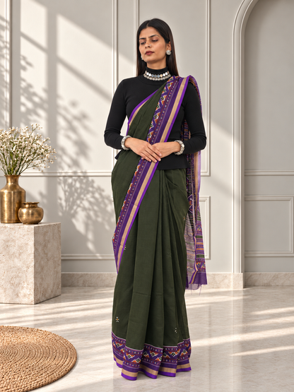 Olive Green Purple Kasuthi Hand Embroidered Ilkal Handwoven Cotton Saree