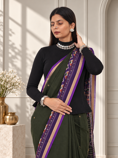 Olive Green Purple Kasuthi Hand Embroidered Ilkal Handwoven Cotton Saree