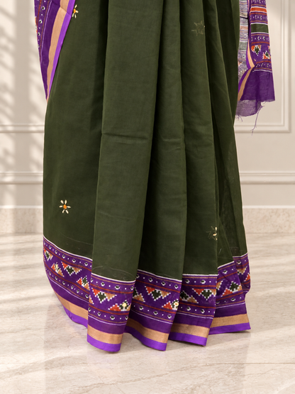 Olive Green Purple Kasuthi Hand Embroidered Ilkal Handwoven Cotton Saree