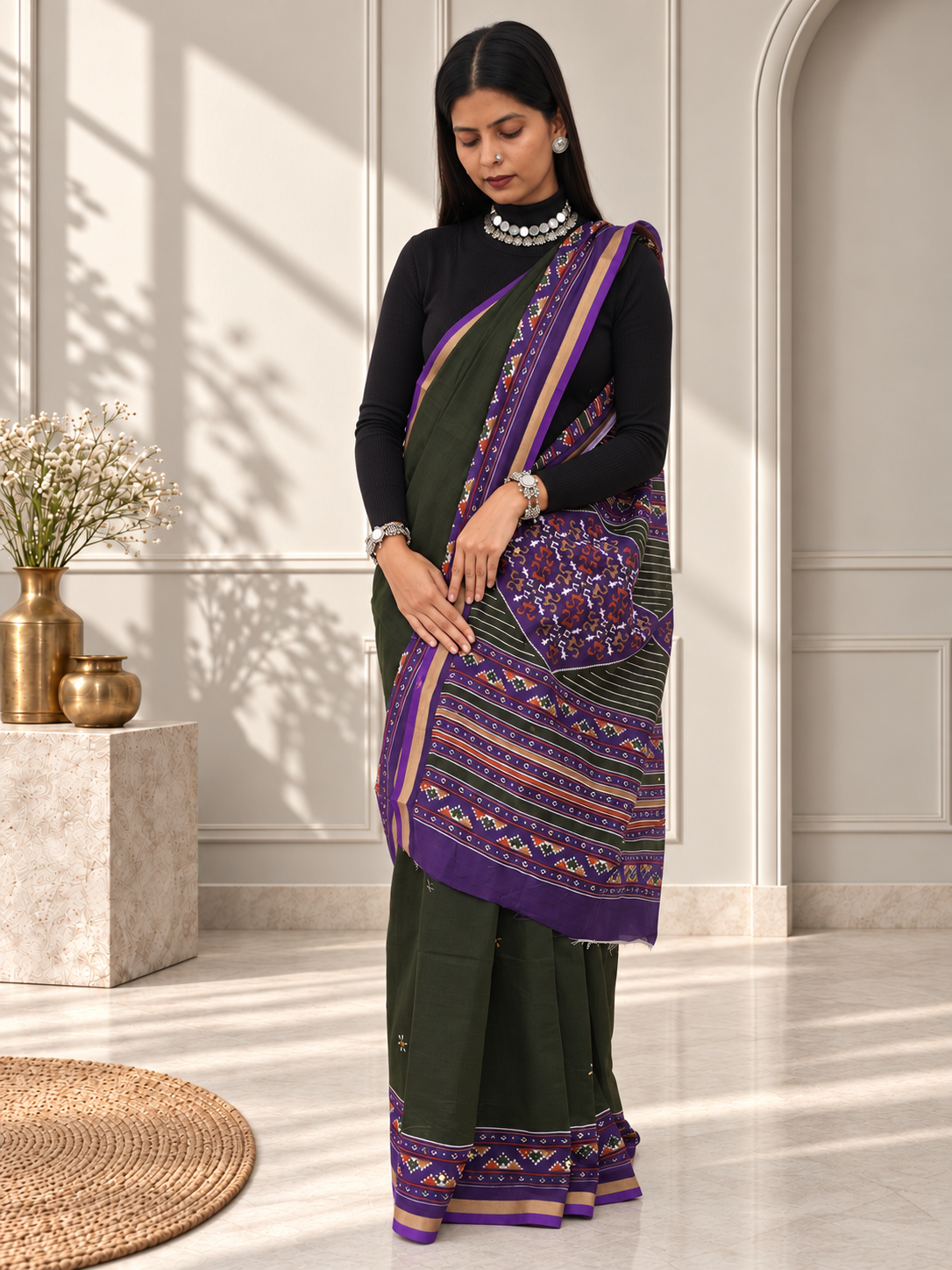 olive green purple kasuthi hand embroidered ilkal handwoven cotton saree