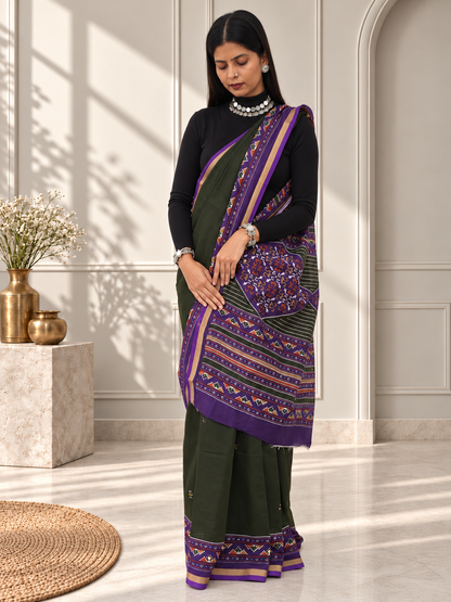 Olive Green Purple Kasuthi Hand Embroidered Ilkal Handwoven Cotton Saree