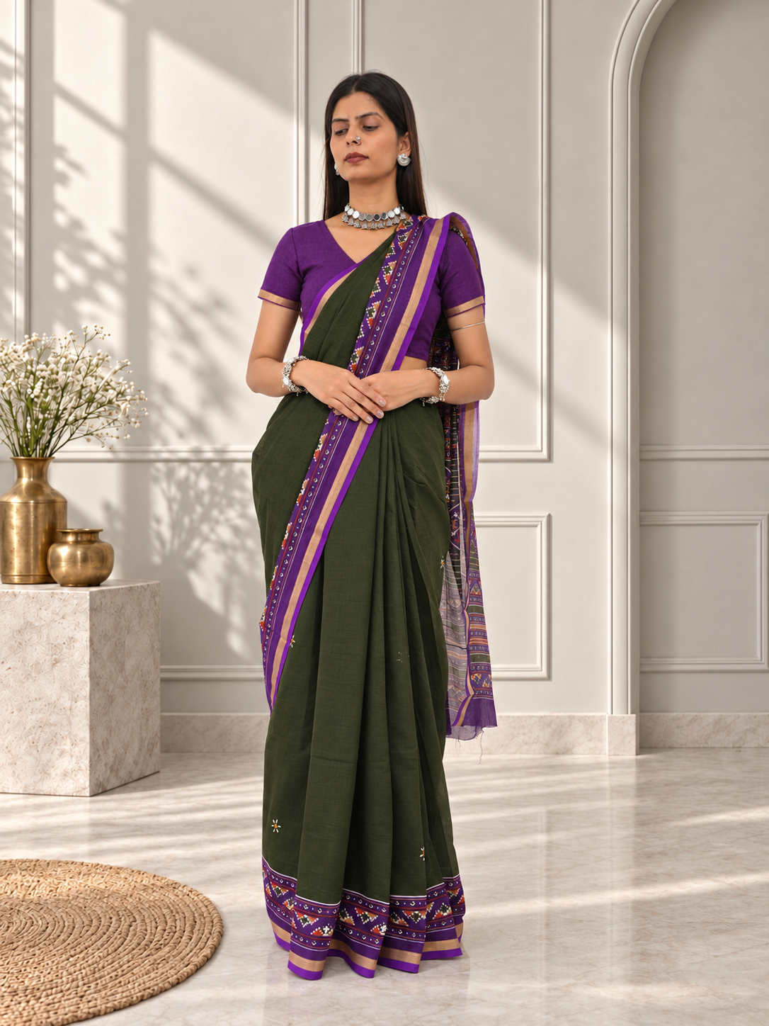 olive green purple kasuthi hand embroidered ilkal handwoven cotton saree