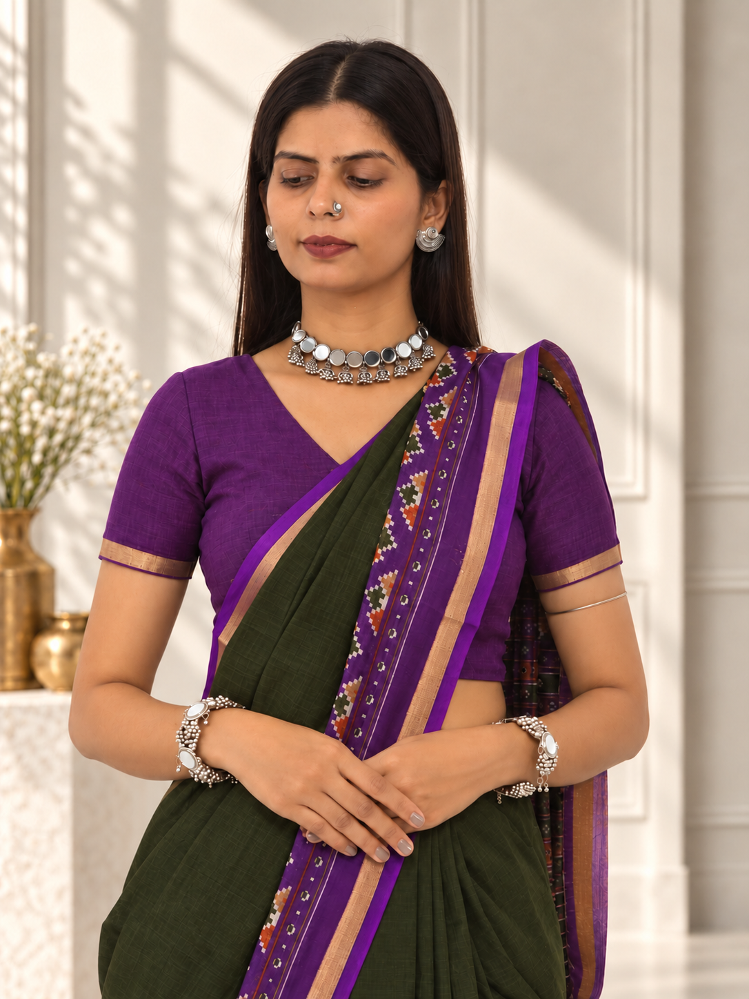 olive green purple kasuthi hand embroidered ilkal handwoven cotton saree