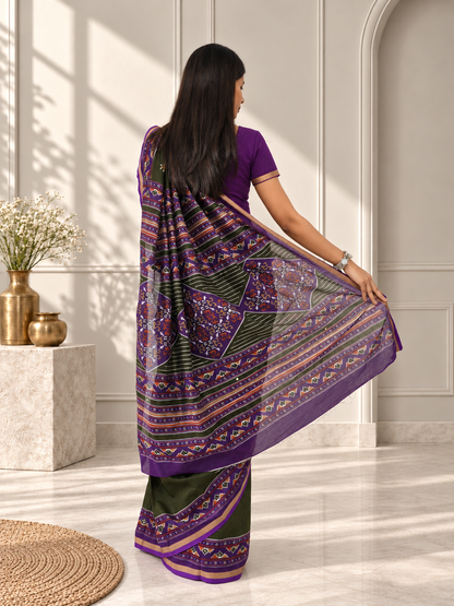 Olive Green Purple Kasuthi Hand Embroidered Ilkal Handwoven Cotton Saree
