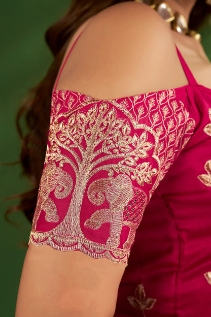 Rani Pink Rangoli Silk Saree with Embroidered Blouse