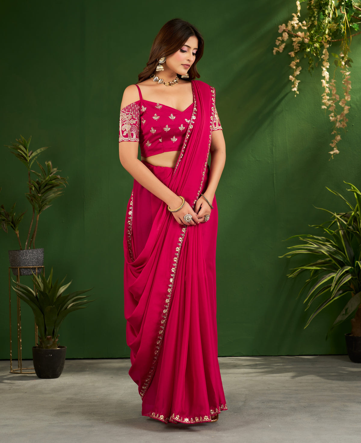 rani pink rangoli silk saree with embroidered blouse