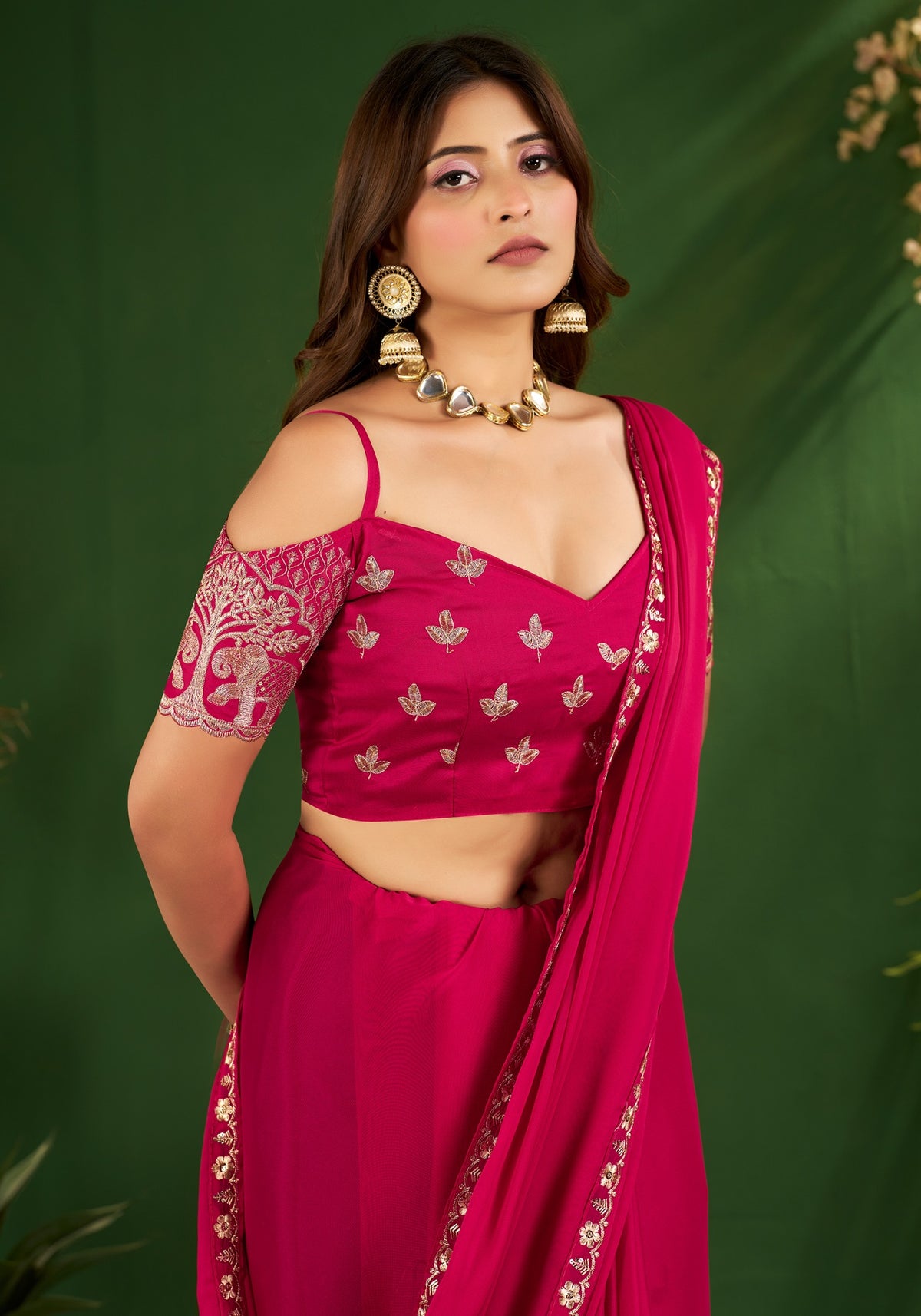 Rani Pink Rangoli Silk Saree with Embroidered Blouse