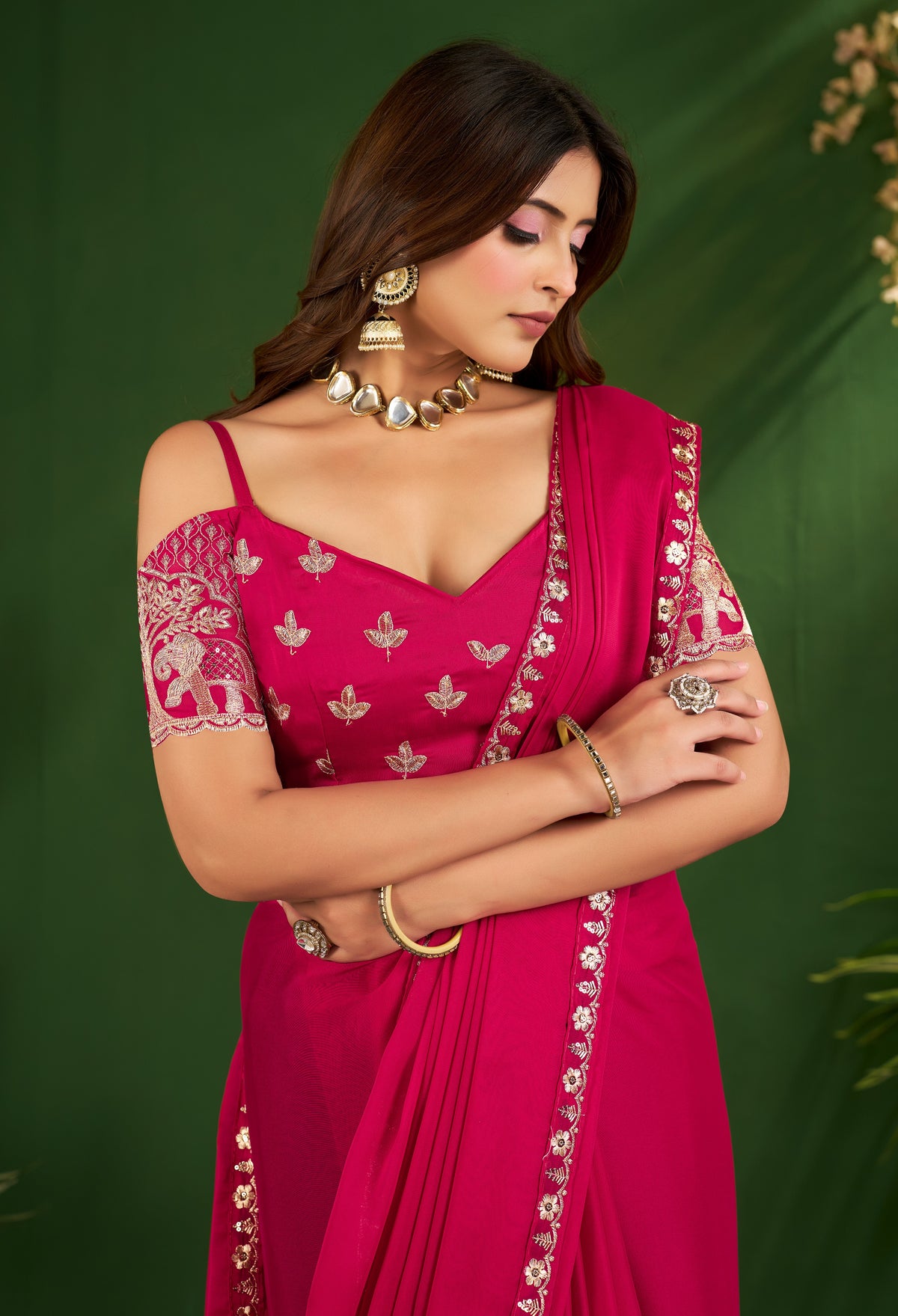 Rani Pink Rangoli Silk Saree with Embroidered Blouse