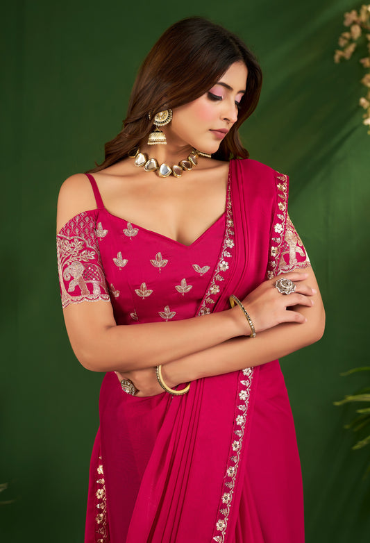 Rani Pink Rangoli Silk Saree with Embroidered Blouse