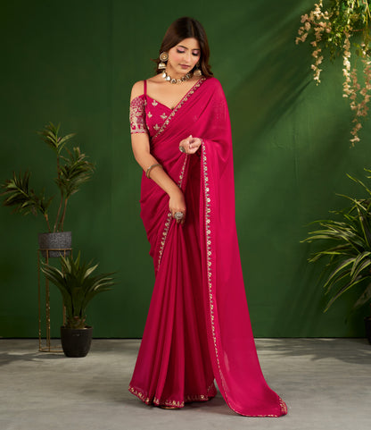 Rani Pink Rangoli Silk Saree with Embroidered Blouse