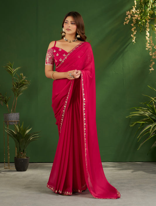 Rani Pink Rangoli Silk Saree with Embroidered Blouse