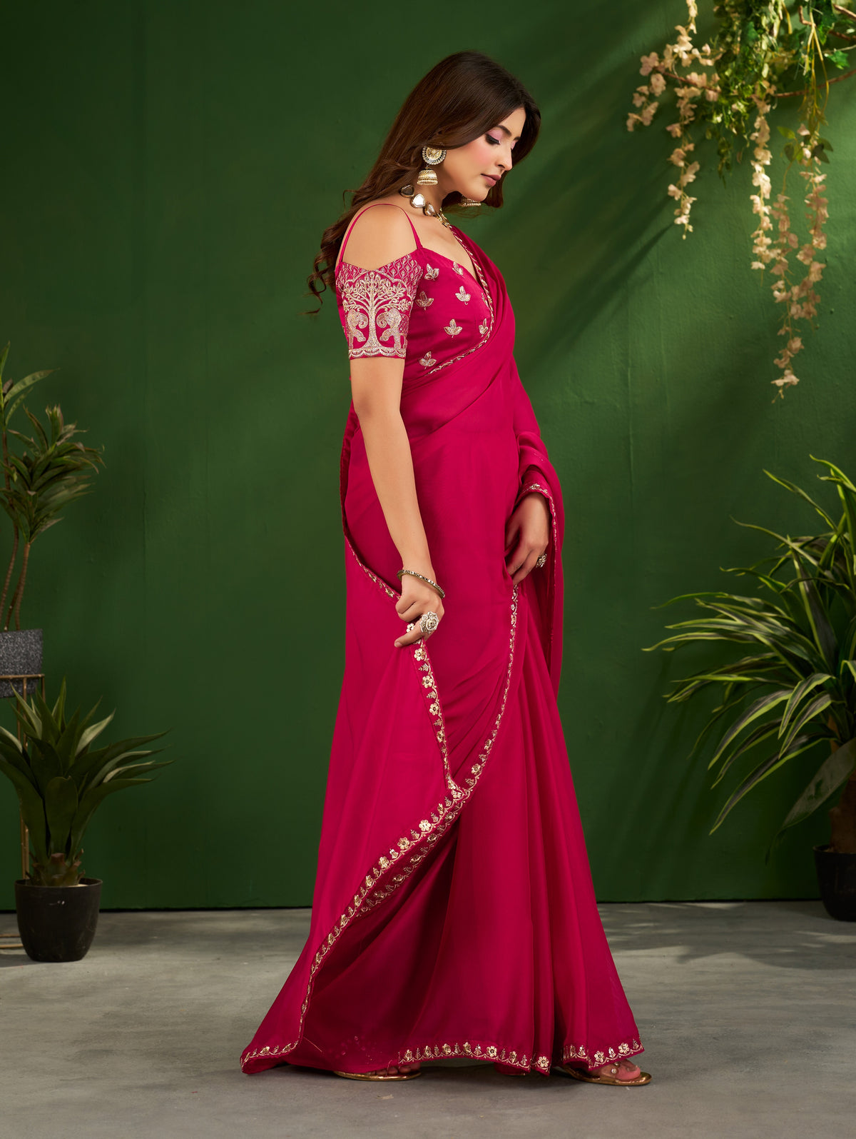 Rani Pink Rangoli Silk Saree with Embroidered Blouse