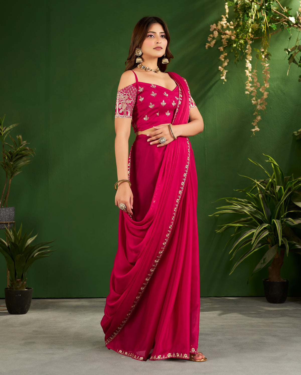 Rani Pink Rangoli Silk Saree with Embroidered Blouse