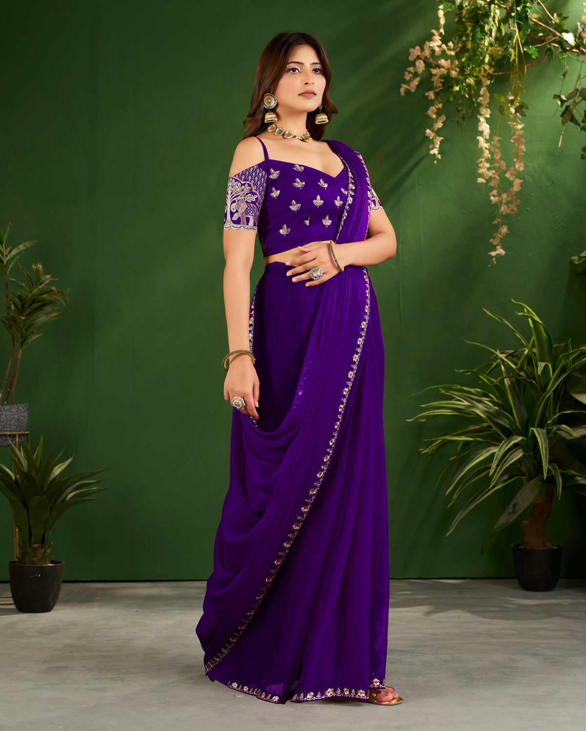 royal purple rangoli silk saree with embroidered blouse
