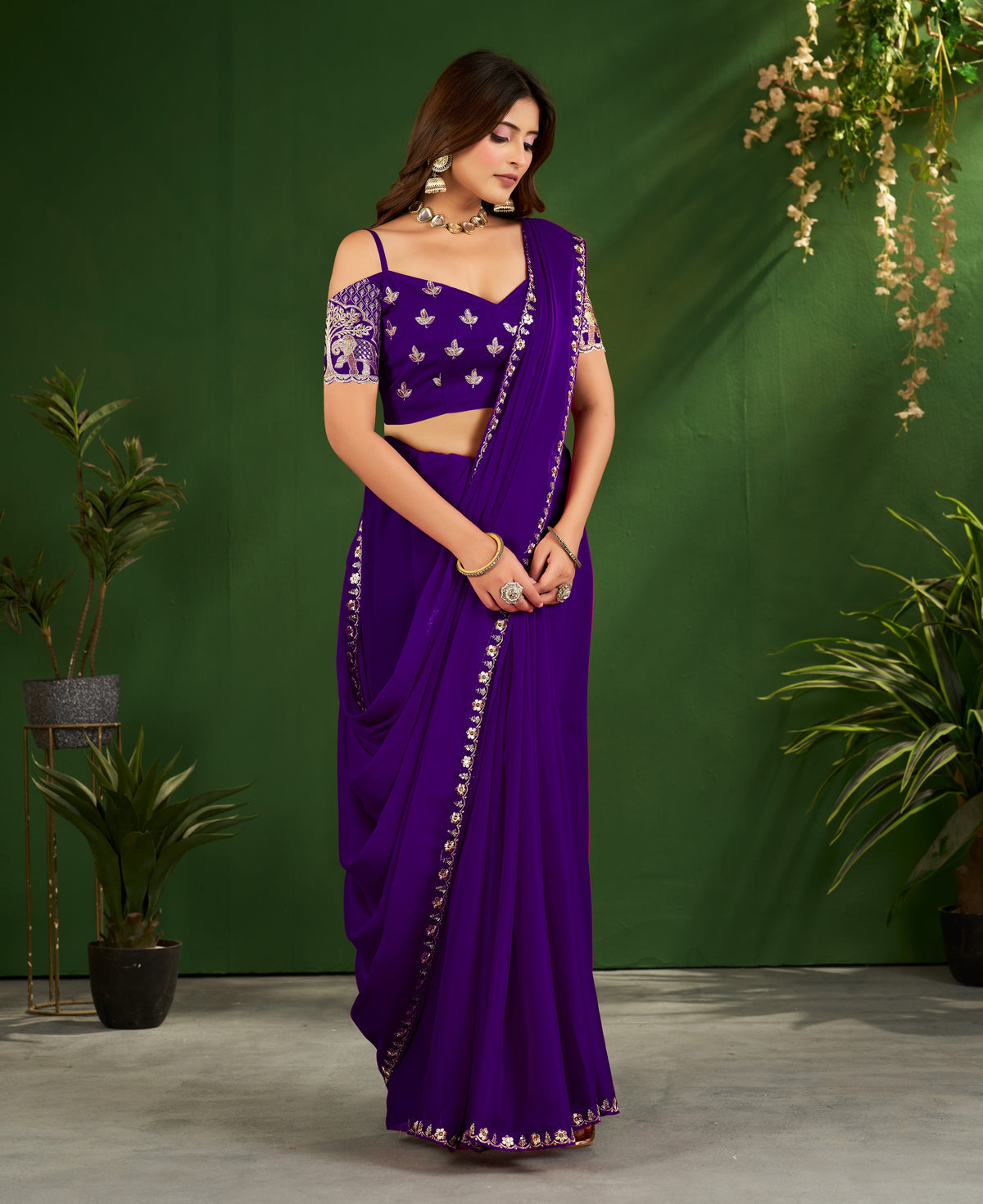 royal purple rangoli silk saree with embroidered blouse