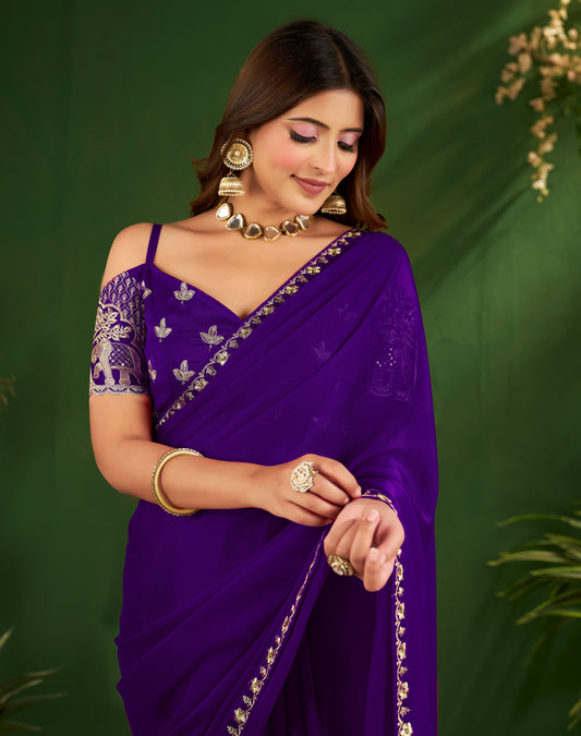 Royal Purple Rangoli Silk Saree with Embroidered Blouse