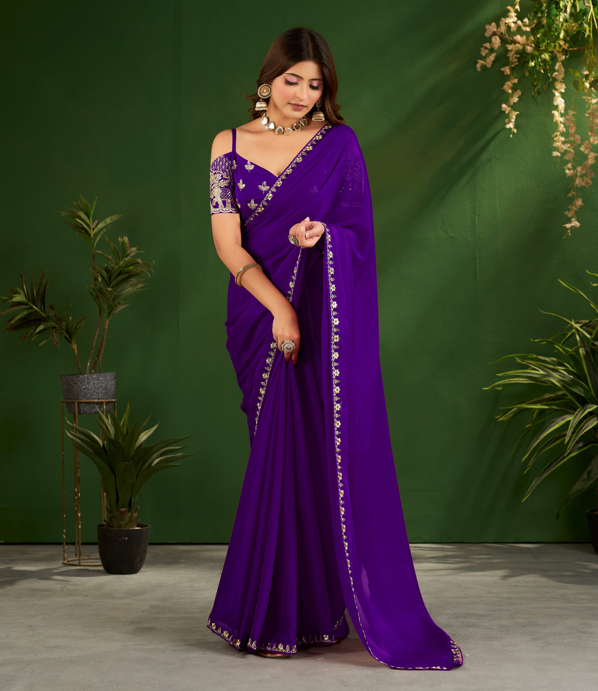 Royal Purple Rangoli Silk Saree with Embroidered Blouse