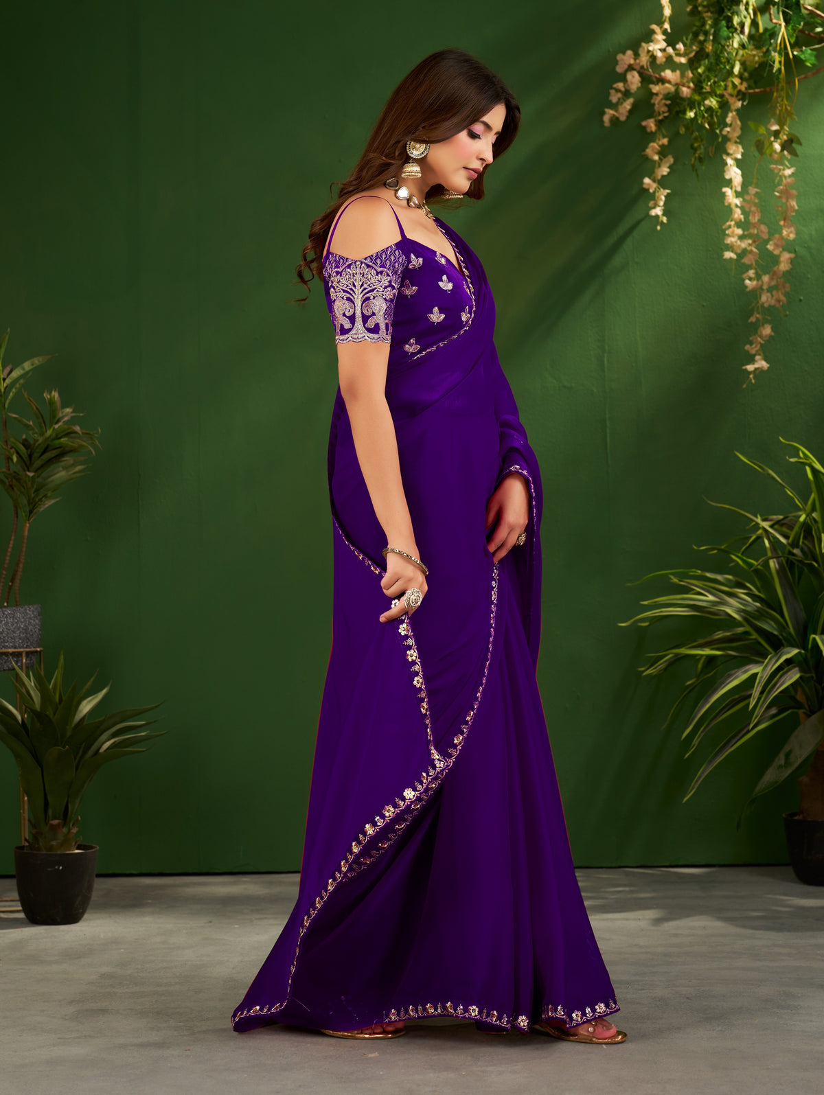 royal purple rangoli silk saree with embroidered blouse