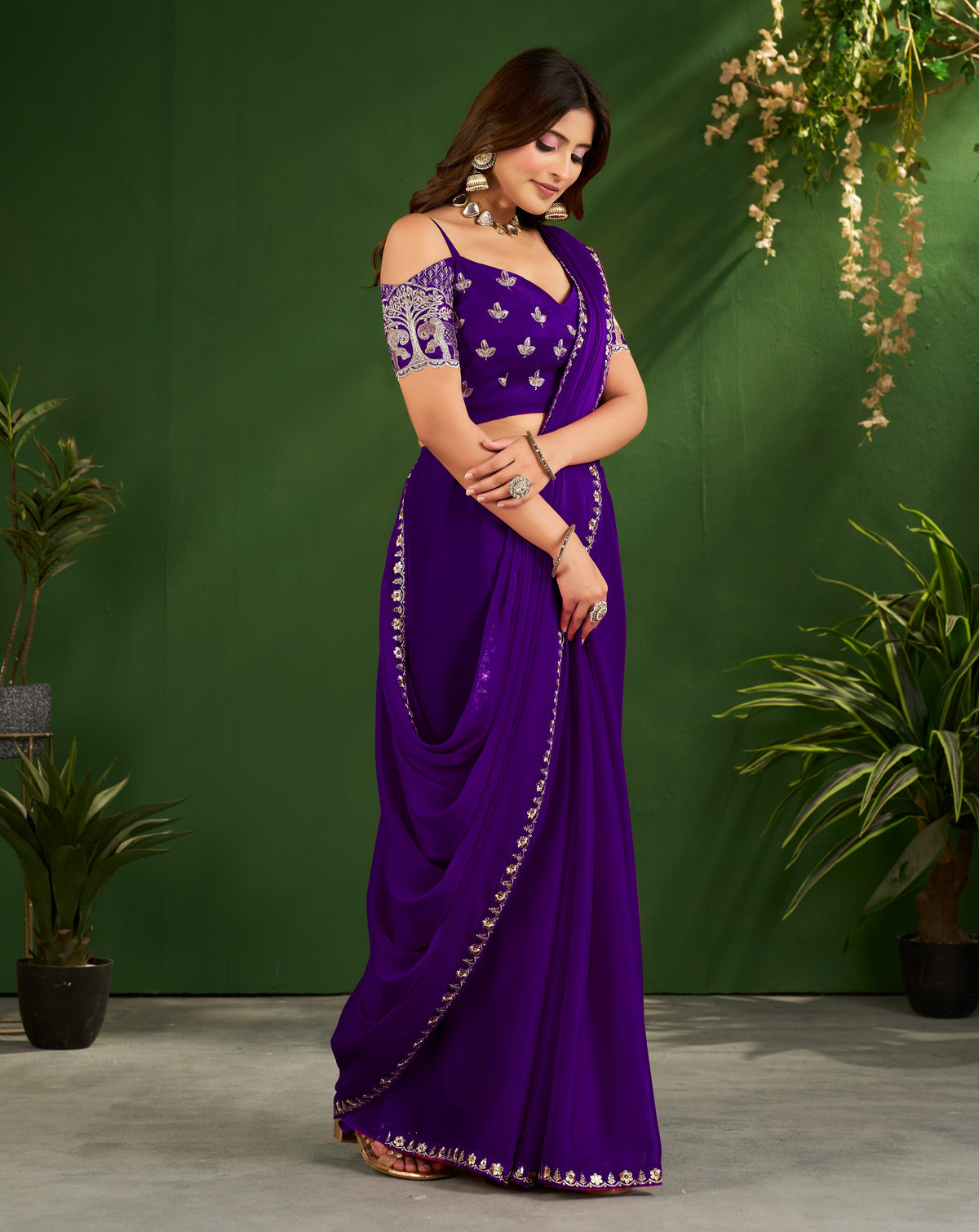 royal purple rangoli silk saree with embroidered blouse