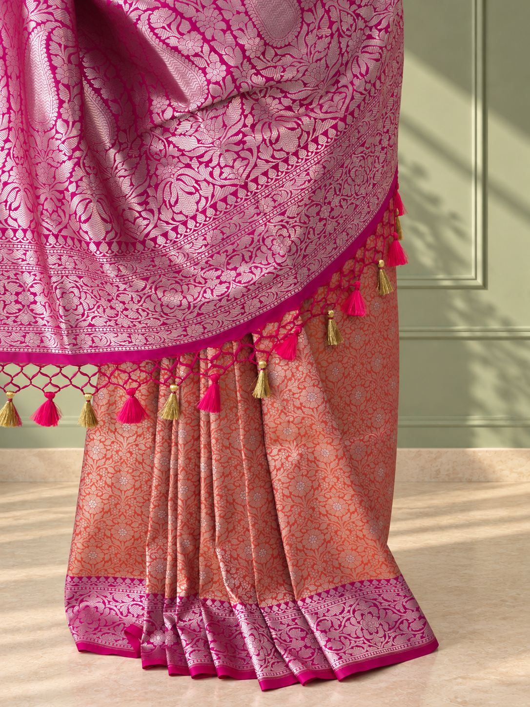 orange crepe jaal silk saree with contrasting floral border