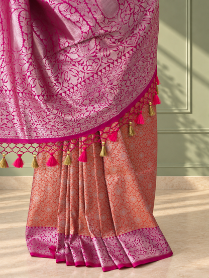 Orange Crepe Jaal Silk Saree with Contrasting Floral Border
