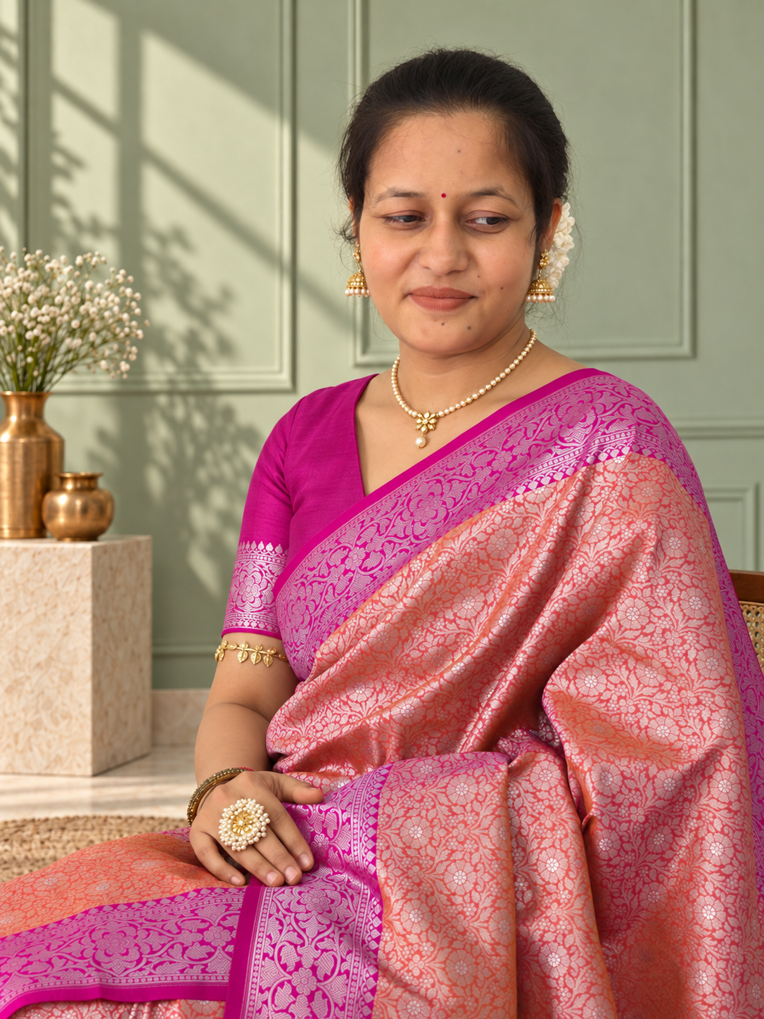 orange crepe jaal silk saree with contrasting floral border