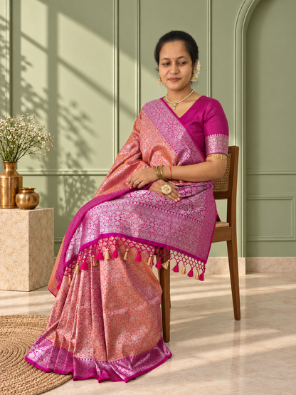 Orange Crepe Jaal Silk Saree with Contrasting Floral Border