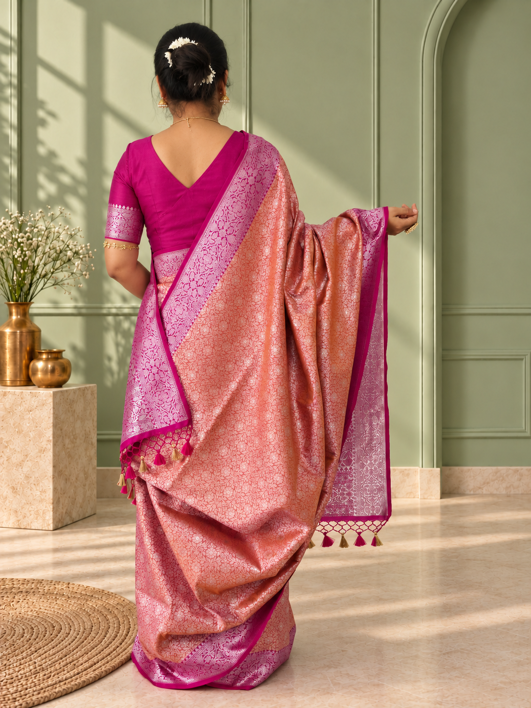 orange crepe jaal silk saree with contrasting floral border
