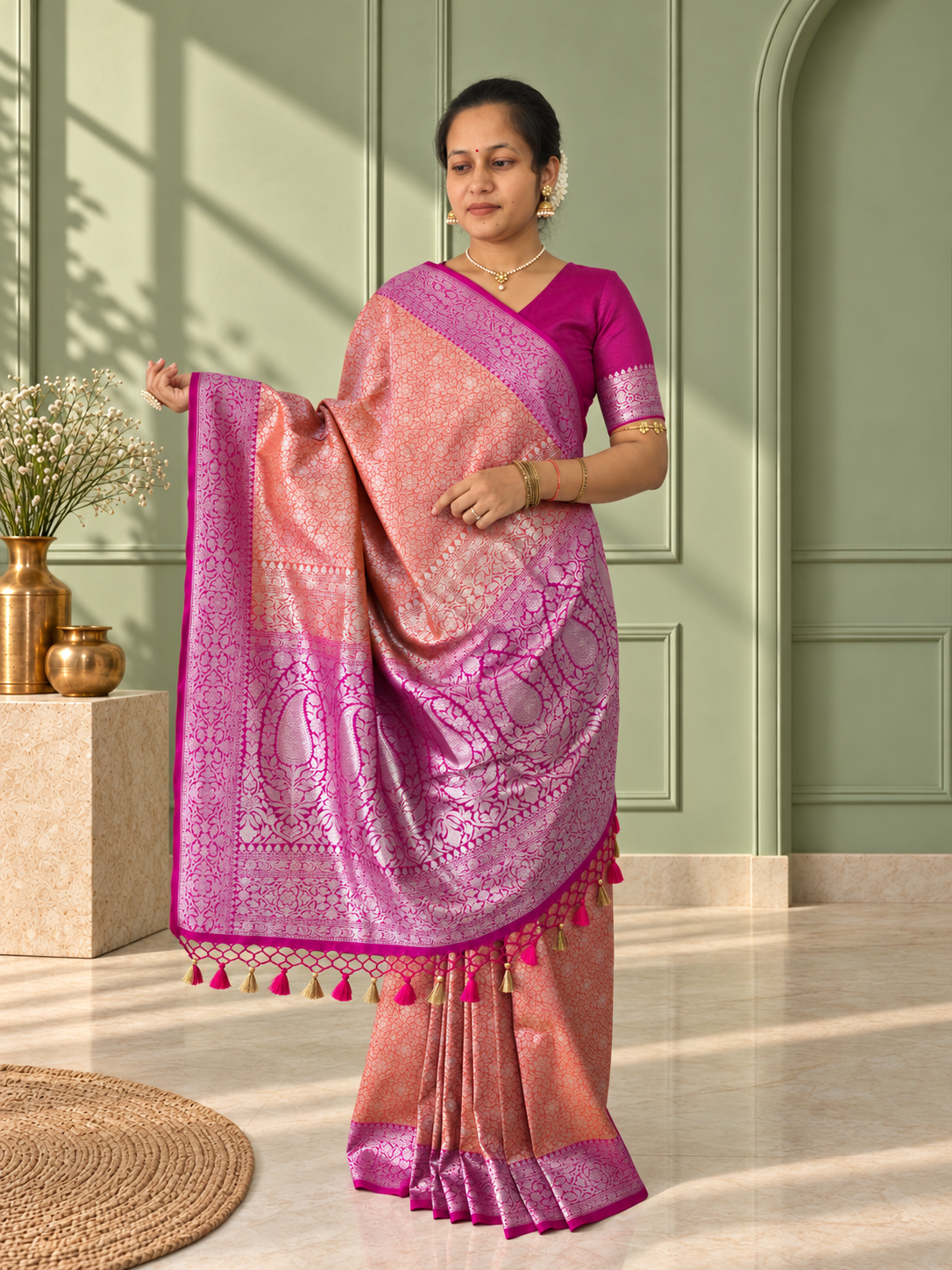 Orange Crepe Jaal Silk Saree with Contrasting Floral Border