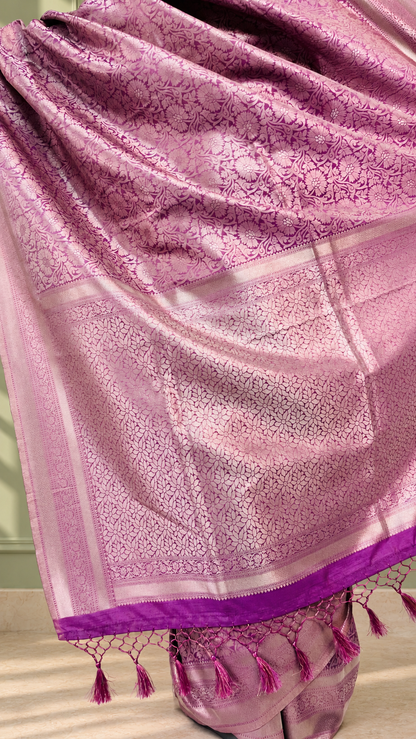 Mauve Purple Banarasi Silk Saree with Floral Jaal & Rich Woven Border