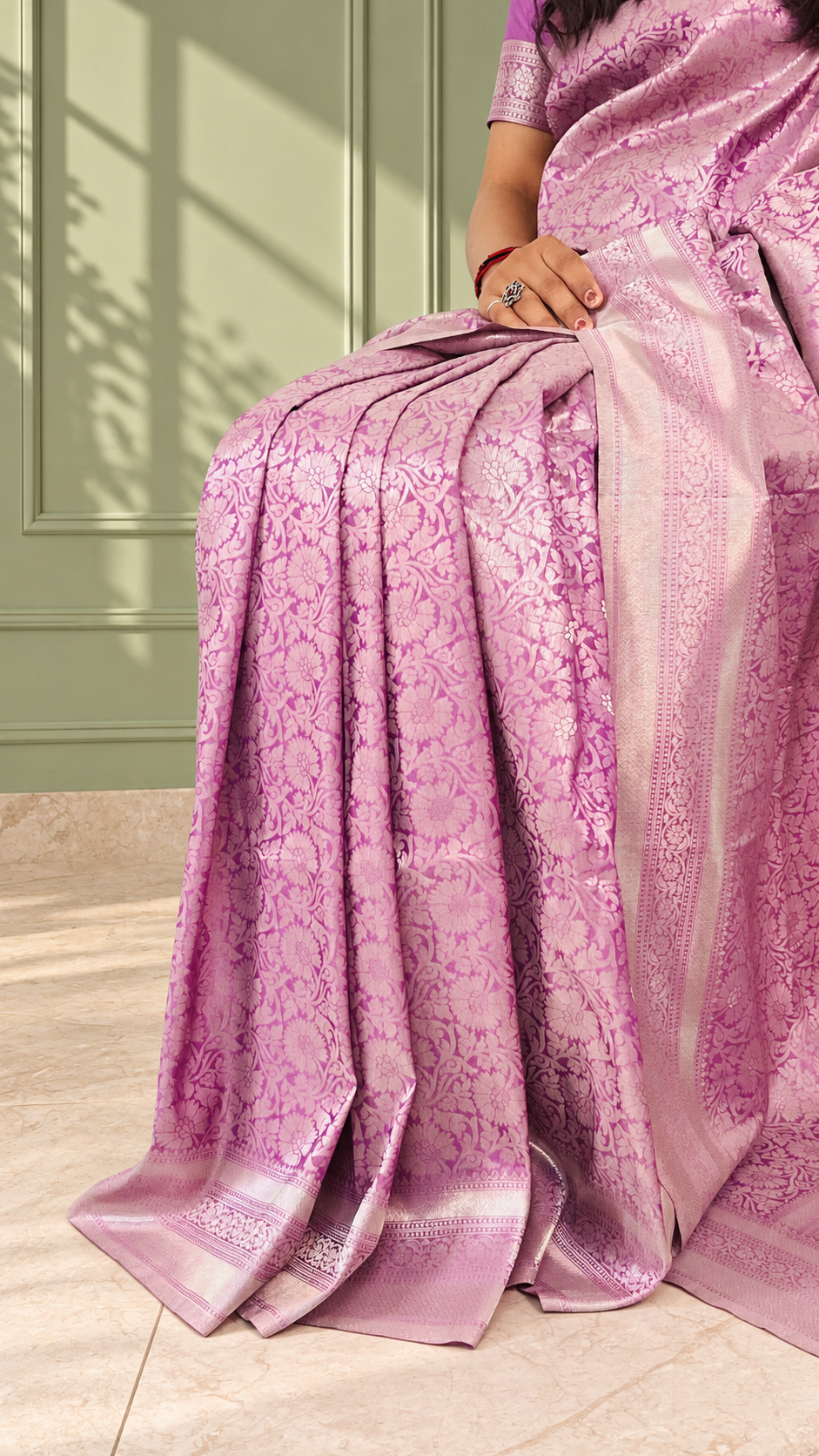 Mauve Purple Banarasi Silk Saree with Floral Jaal & Rich Woven Border